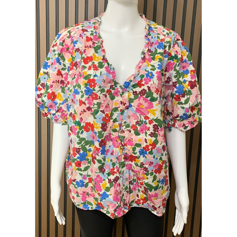 J.Crew Floral Ruffle V-Neck Blouse Regenerative Cotton Puff Sleeve Multi 3X
